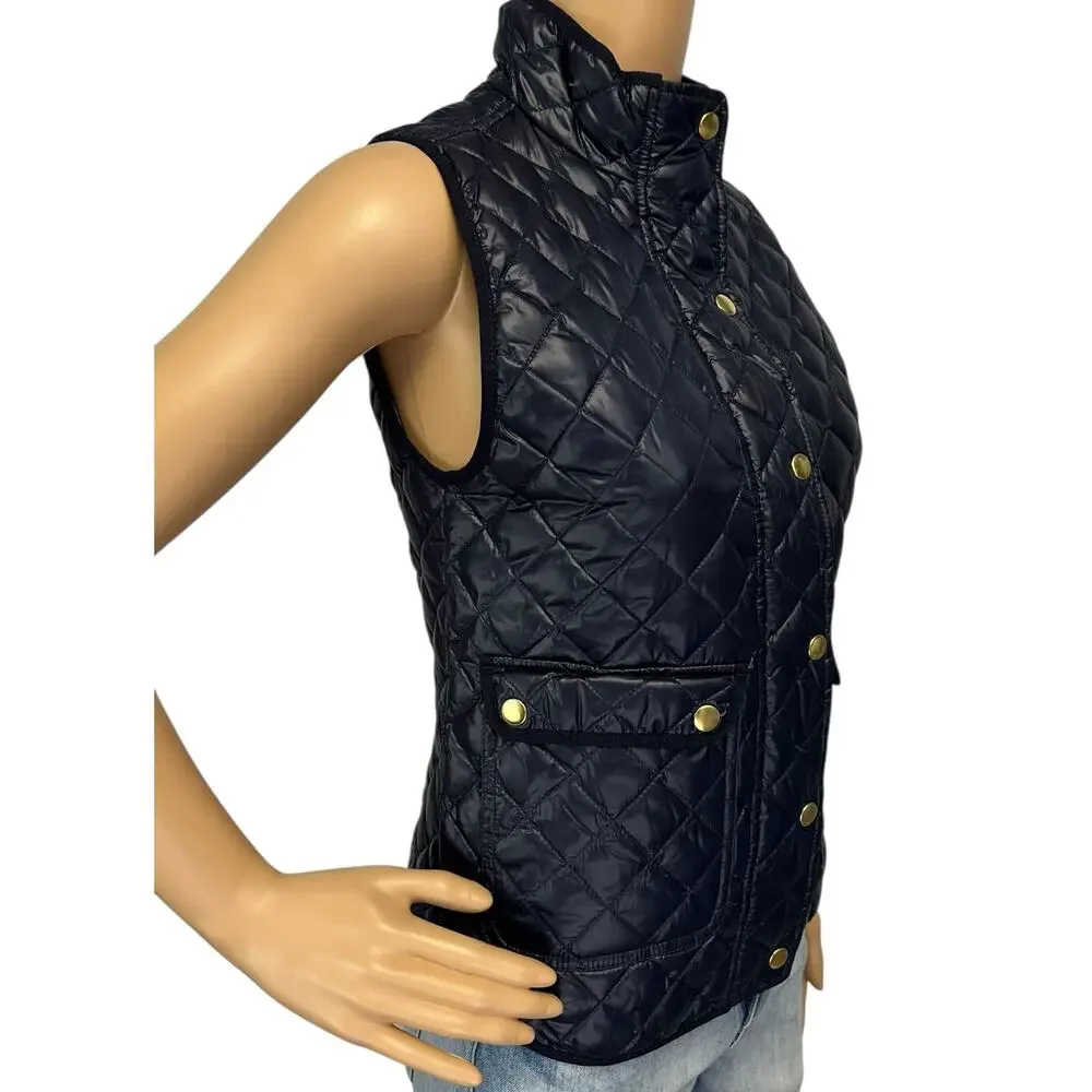 J. Crew Shiny Quilted Field Puffer Down Vest Navy Blue E1014 Petite Size PXS